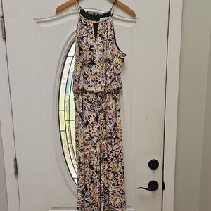 London Times Black Floral Halter Wide-Leg Jumpsuit